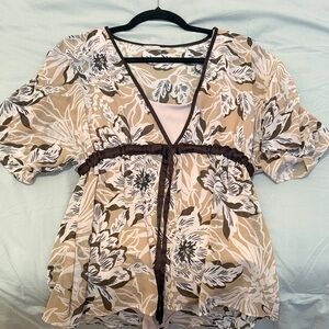 Floral V-Neck Women Top - Brown and Cream
